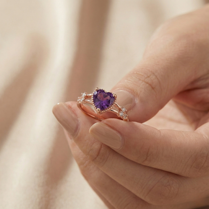 0.98 Ct Heart Purple Amethyst and White Sapphire Prong Silver Split Band Heart Ring