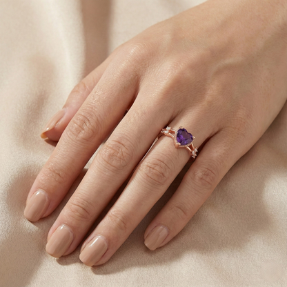 0.98 Ct Heart Purple Amethyst and White Sapphire Prong Silver Split Band Heart Ring