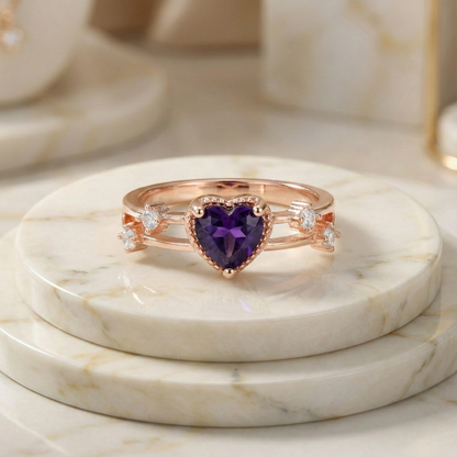 0.98 Ct Heart Purple Amethyst and White Sapphire Prong Silver Split Band Heart Ring