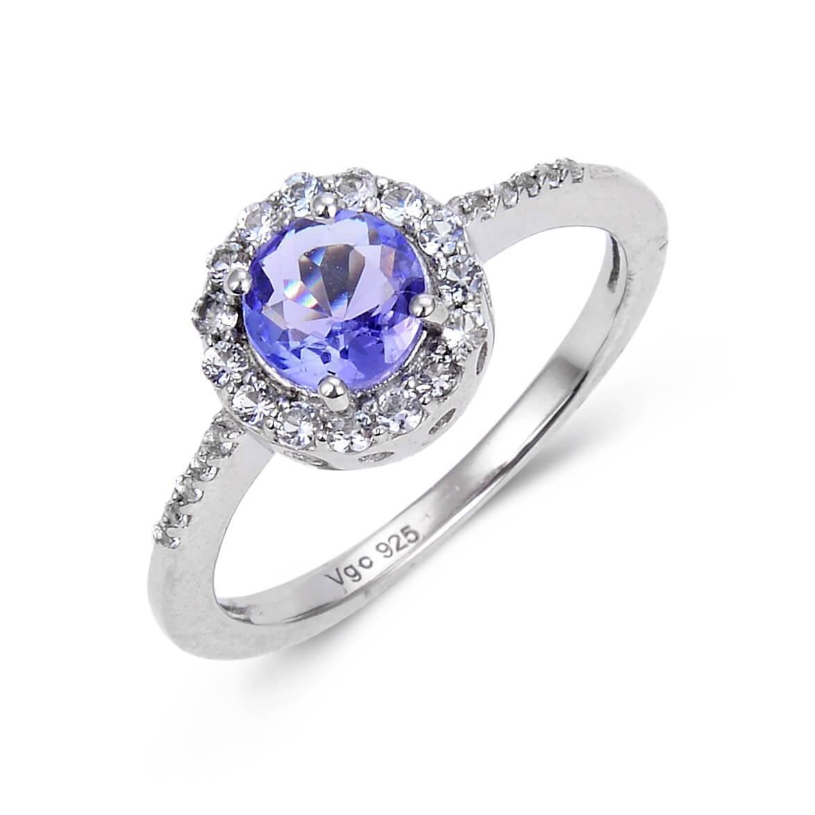 1.32 Ct Round Violet Tanzanite and White Topaz Prong Silver Halo Cocktail Ring