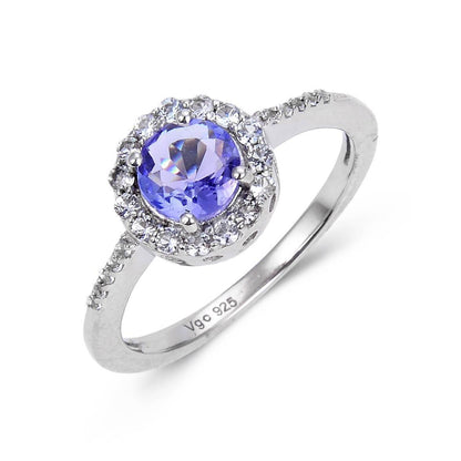 1.32 Ct Round Violet Tanzanite and White Topaz Prong Silver Halo Cocktail Ring