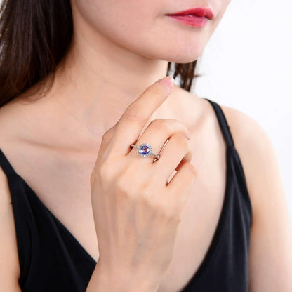 1.32 Ct Round Violet Tanzanite and White Topaz Prong Silver Halo Cocktail Ring
