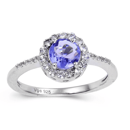 1.32 Ct Round Violet Tanzanite and White Topaz Prong Silver Halo Cocktail Ring
