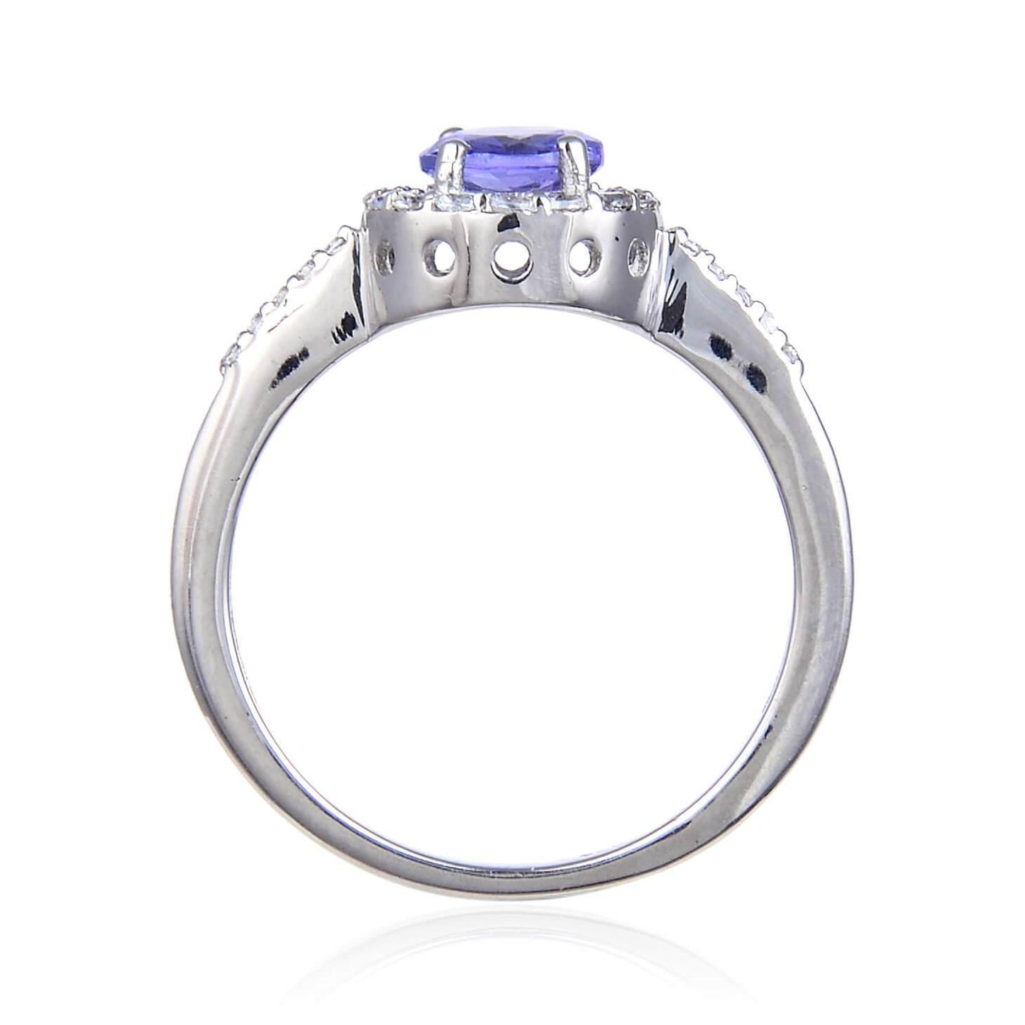 1.32 Ct Round Violet Tanzanite and White Topaz Prong Silver Halo Cocktail Ring