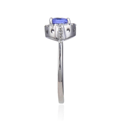1.32 Ct Round Violet Tanzanite and White Topaz Prong Silver Halo Cocktail Ring
