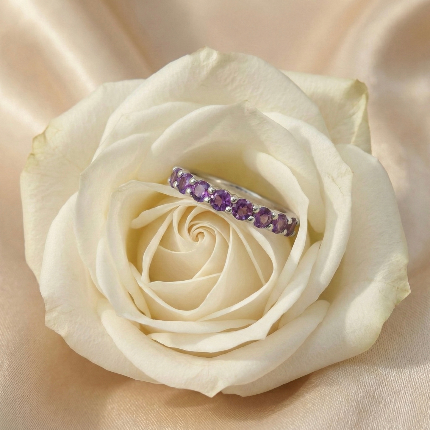0.60 Ct Round Purple Amethyst Prong Silver Half Eternity Ring