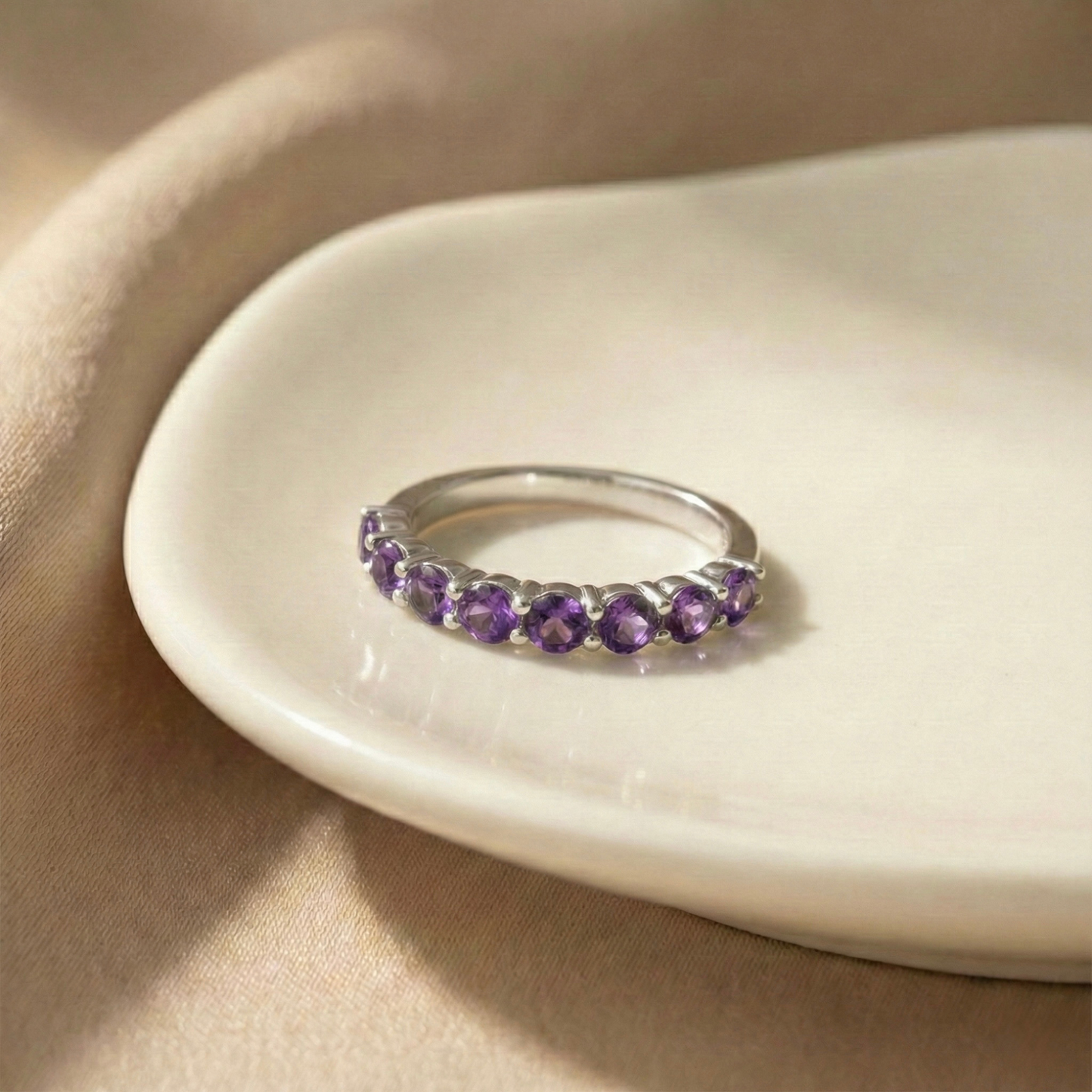 0.60 Ct Round Purple Amethyst Prong Silver Half Eternity Ring