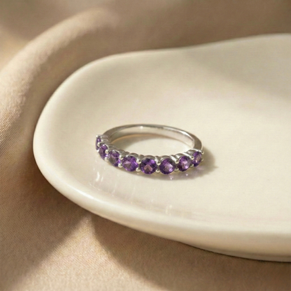 0.60 Ct Round Purple Amethyst Prong Silver Half Eternity Ring