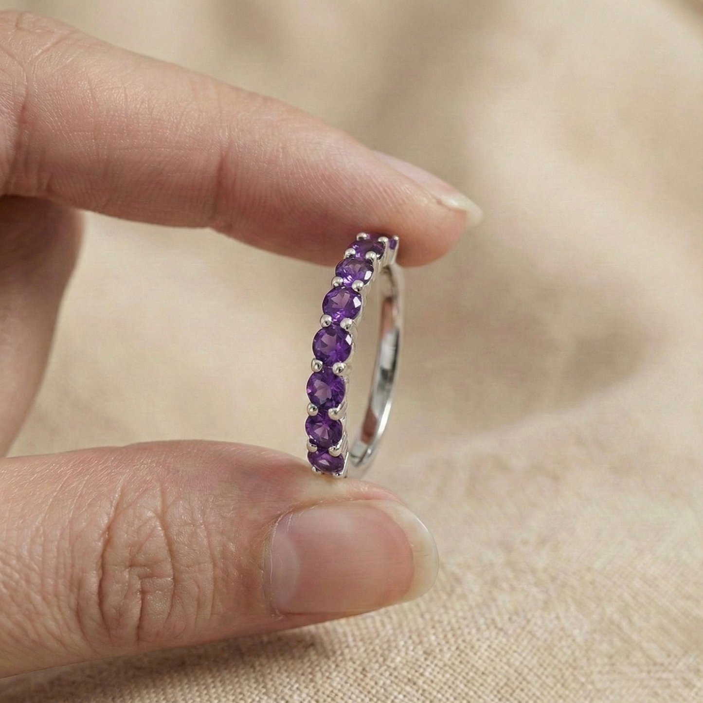 0.60 Ct Round Purple Amethyst Prong Silver Half Eternity Ring