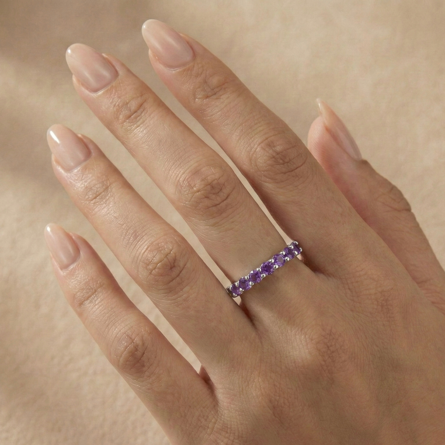 0.60 Ct Round Purple Amethyst Prong Silver Half Eternity Ring