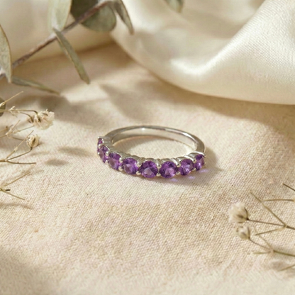 0.60 Ct Round Purple Amethyst Prong Silver Half Eternity Ring