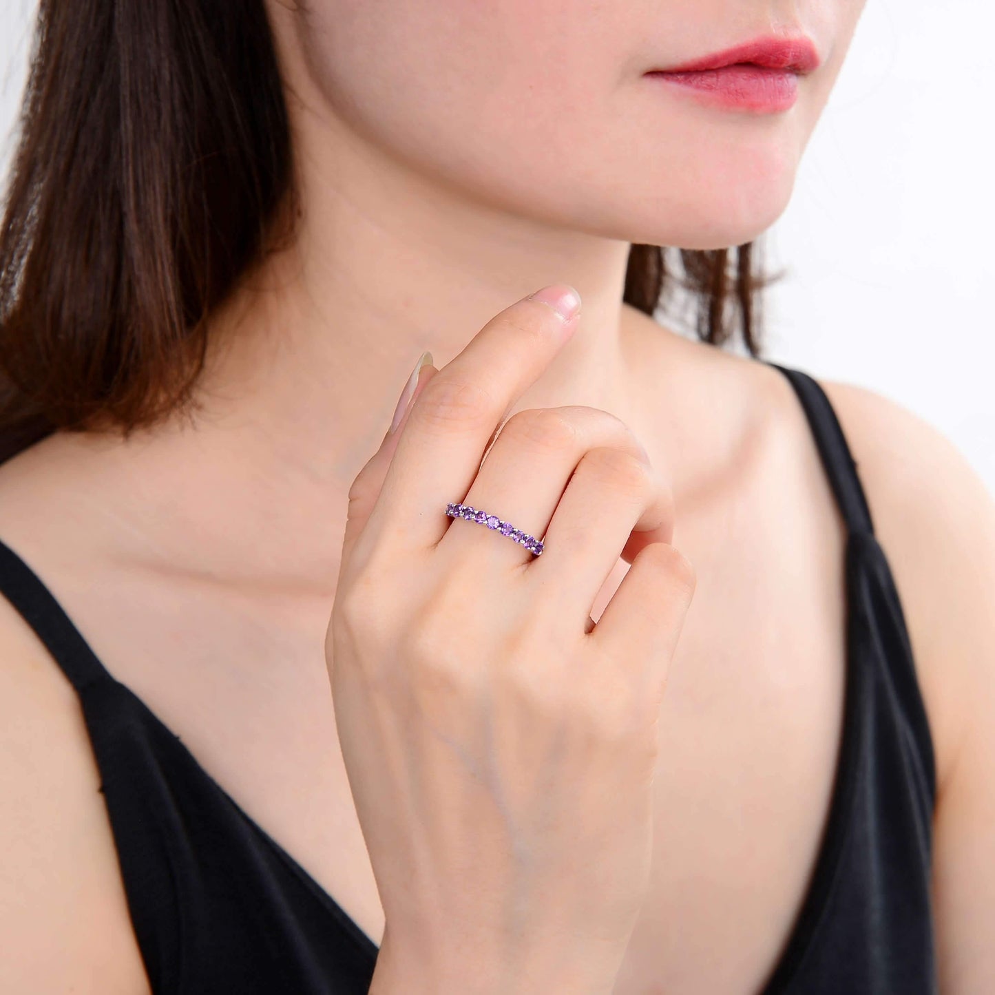 0.60 Ct Round Purple Amethyst Prong Silver Half Eternity Ring