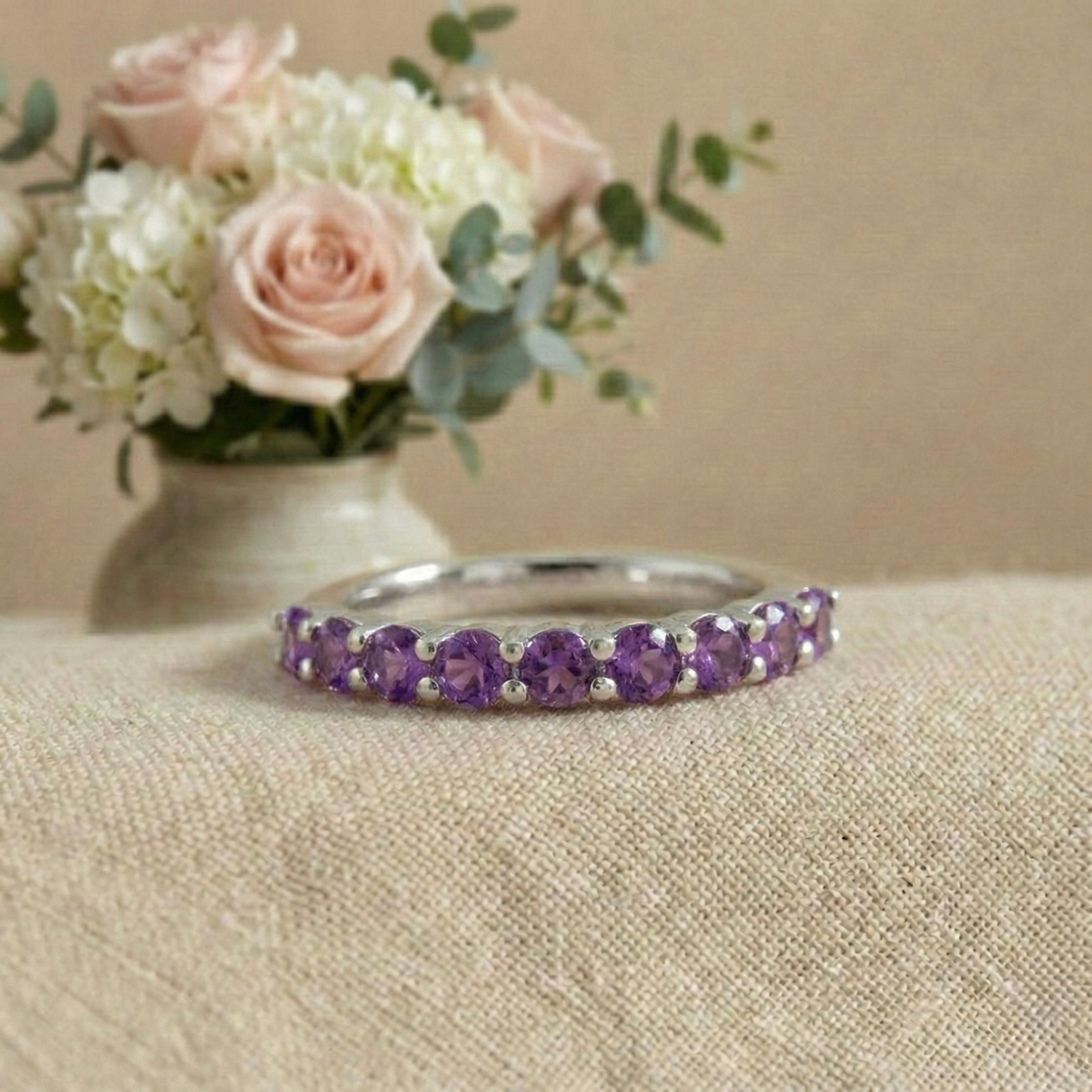 0.60 Ct Round Purple Amethyst Prong Silver Half Eternity Ring