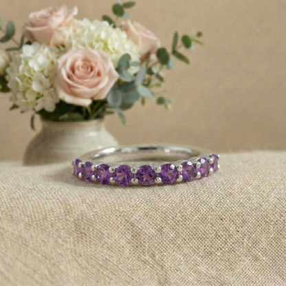 0.60 Ct Round Purple Amethyst Prong Silver Half Eternity Ring