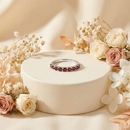 0.90 Ct Round Red Garnet Prong Silver Half Eternity Ring