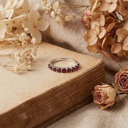 0.90 Ct Round Red Garnet Prong Silver Half Eternity Ring