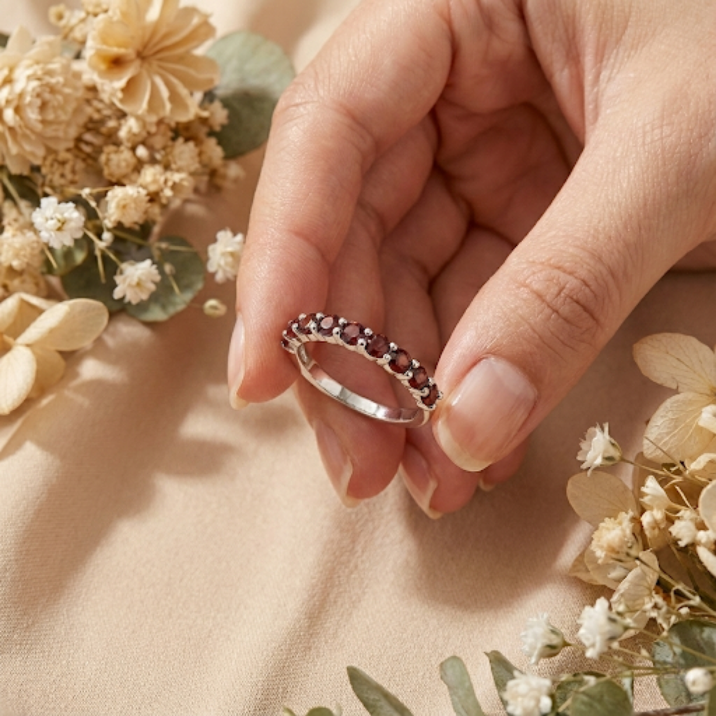0.90 Ct Round Red Garnet Prong Silver Half Eternity Ring