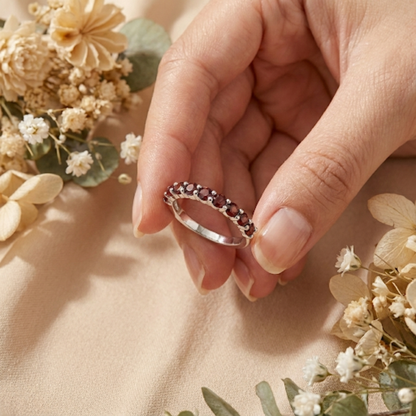 0.90 Ct Round Red Garnet Prong Silver Half Eternity Ring