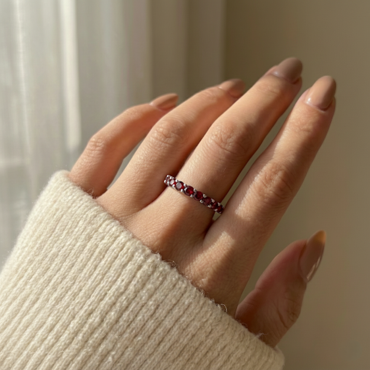 0.90 Ct Round Red Garnet Prong Silver Half Eternity Ring