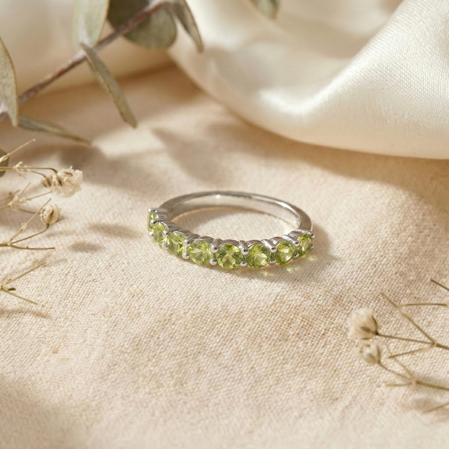 0.9 Ct Round Green Peridot Prong Silver Half Eternity Ring