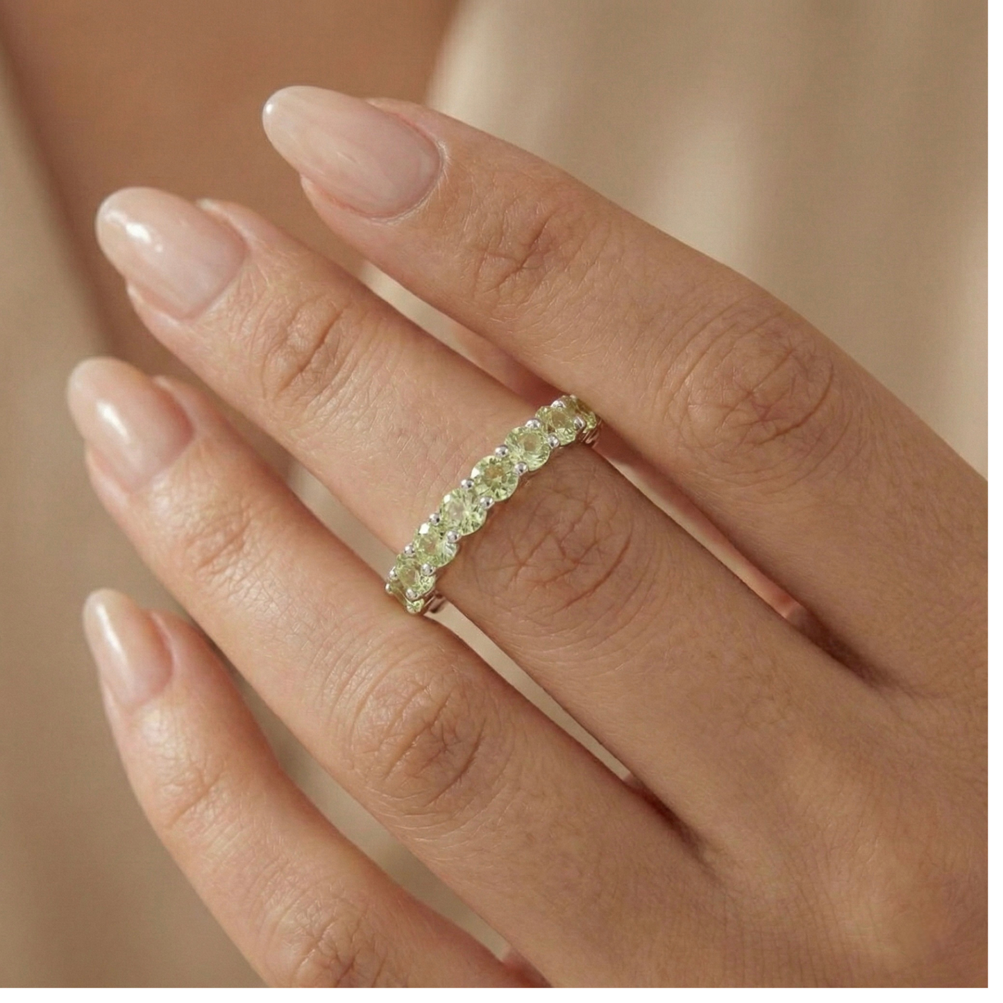 0.9 Ct Round Green Peridot Prong Silver Half Eternity Ring