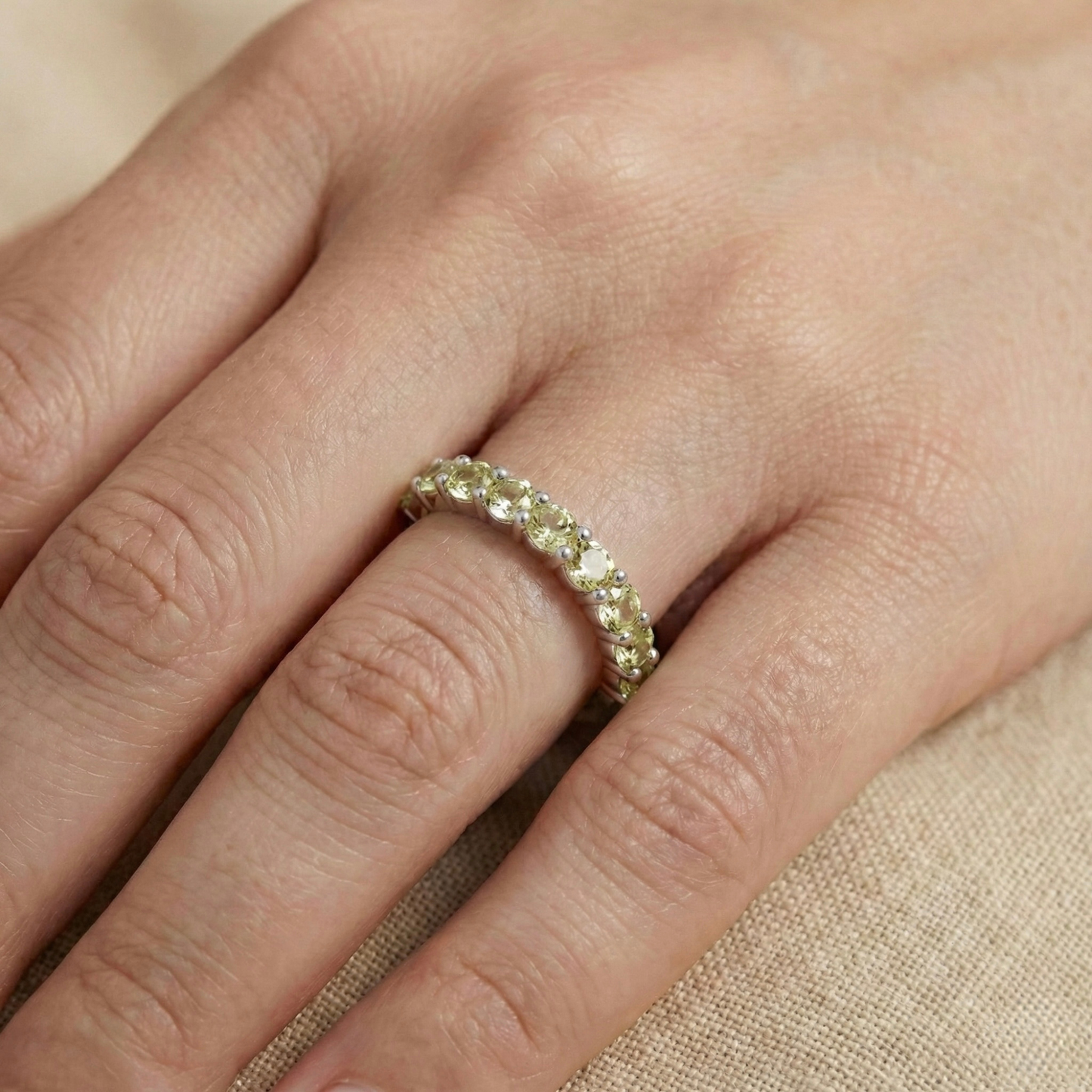 0.9 Ct Round Green Peridot Prong Silver Half Eternity Ring