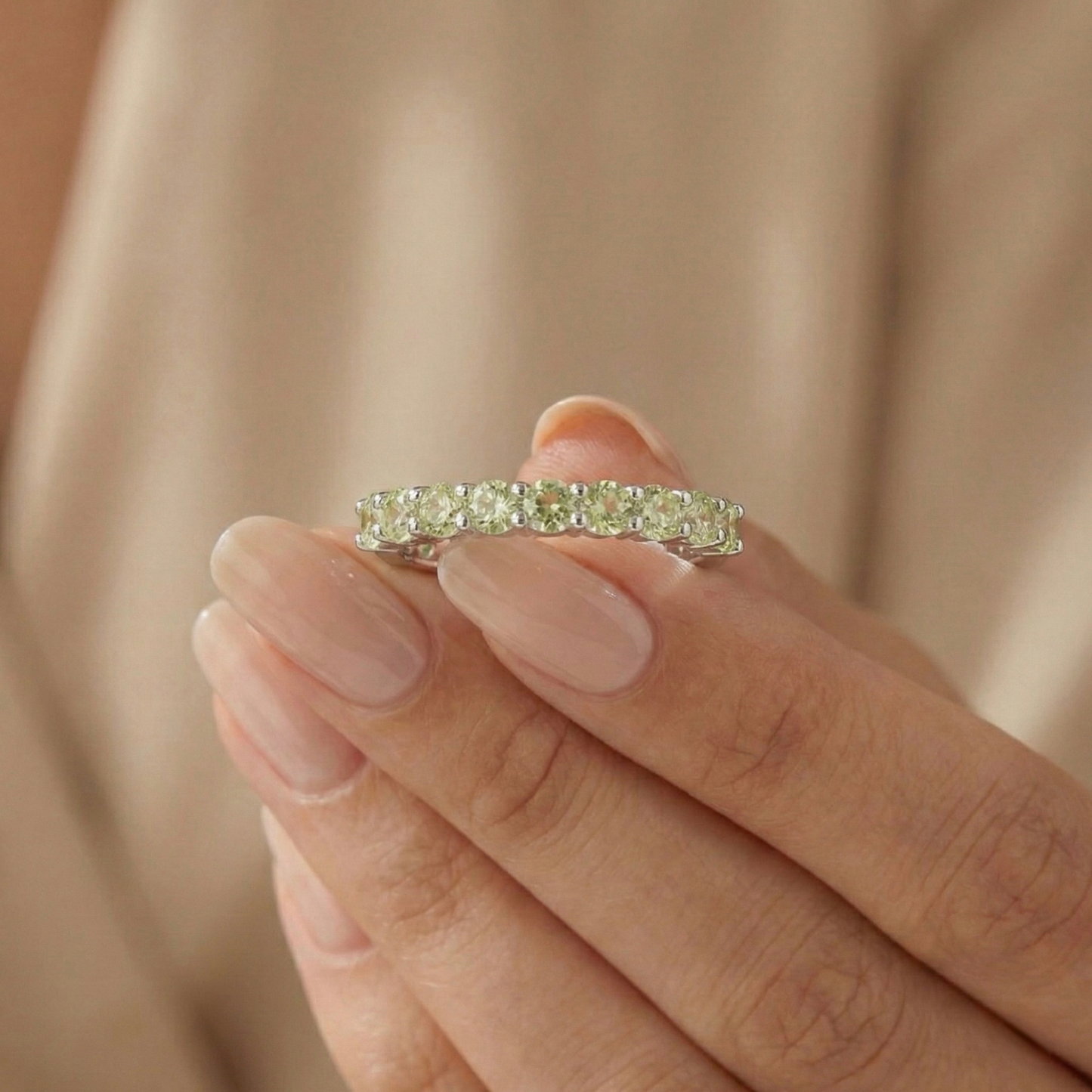 0.9 Ct Round Green Peridot Prong Silver Half Eternity Ring