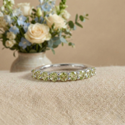 0.9 Ct Round Green Peridot Prong Silver Half Eternity Ring