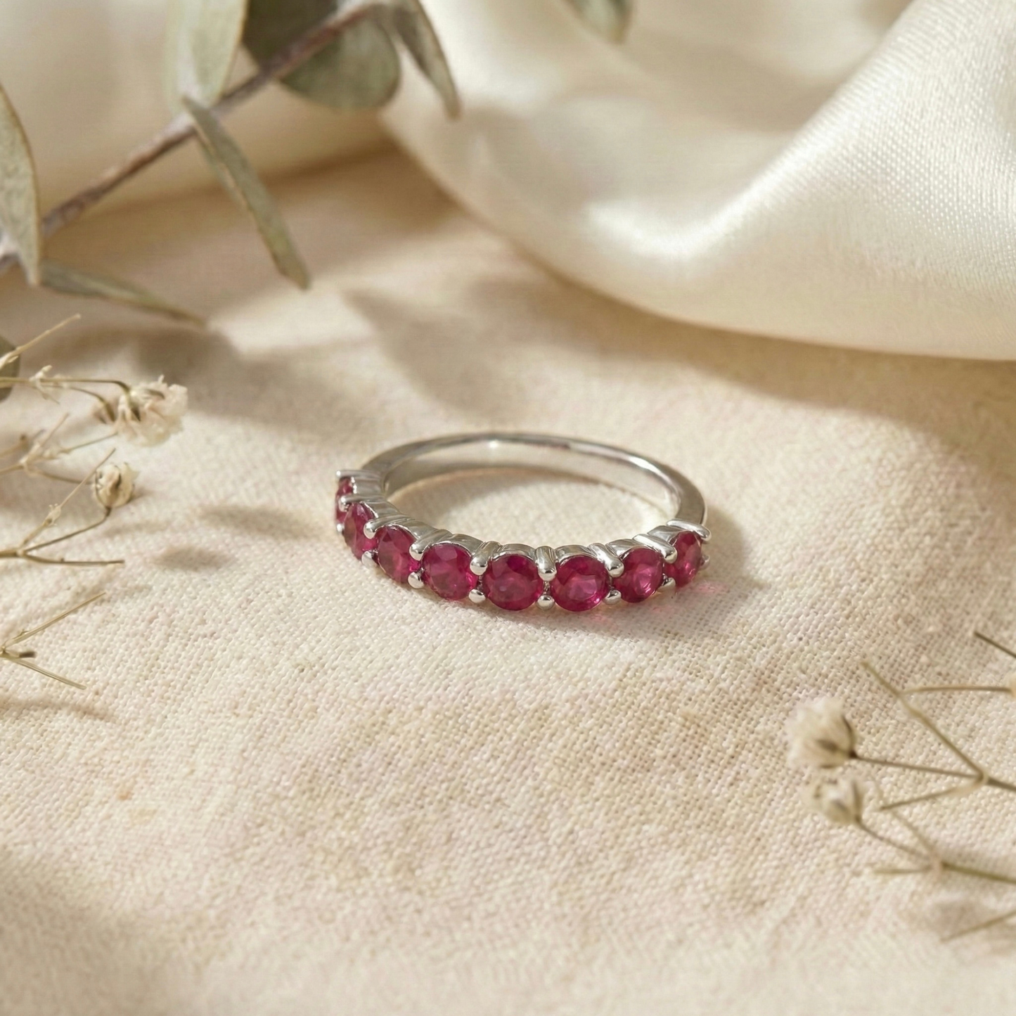 0.9 Ct Round Red Ruby Prong Silver Half Eternity Band Ring