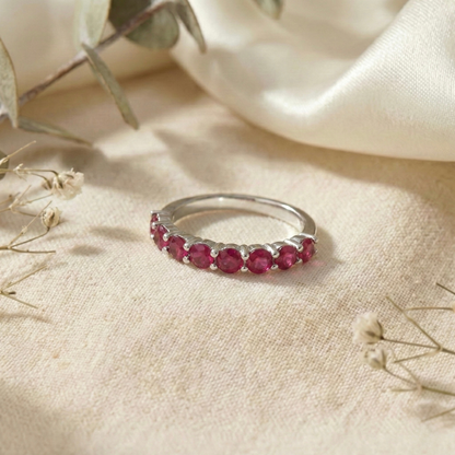 0.9 Ct Round Red Ruby Prong Silver Half Eternity Band Ring