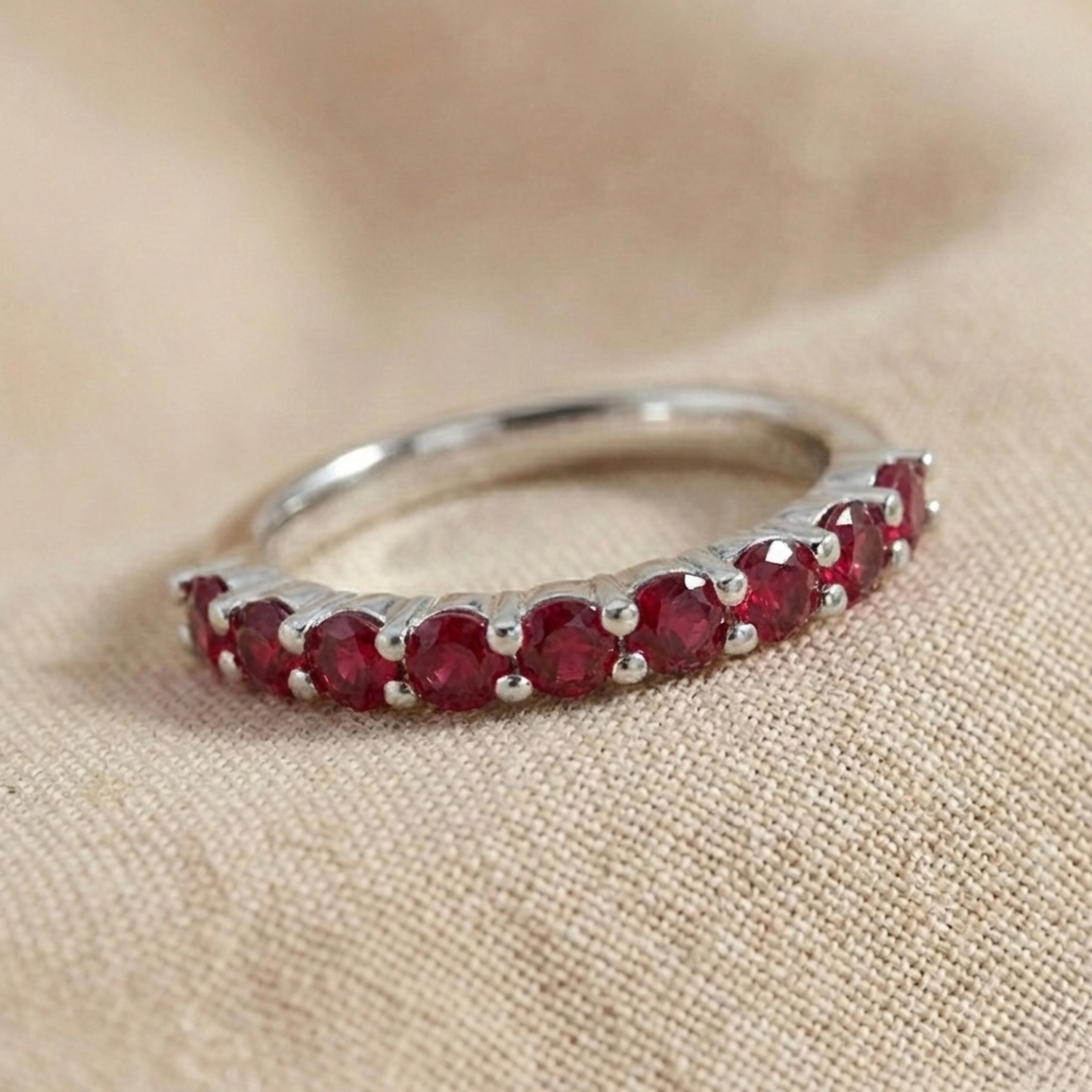 0.9 Ct Round Red Ruby Prong Silver Half Eternity Band Ring