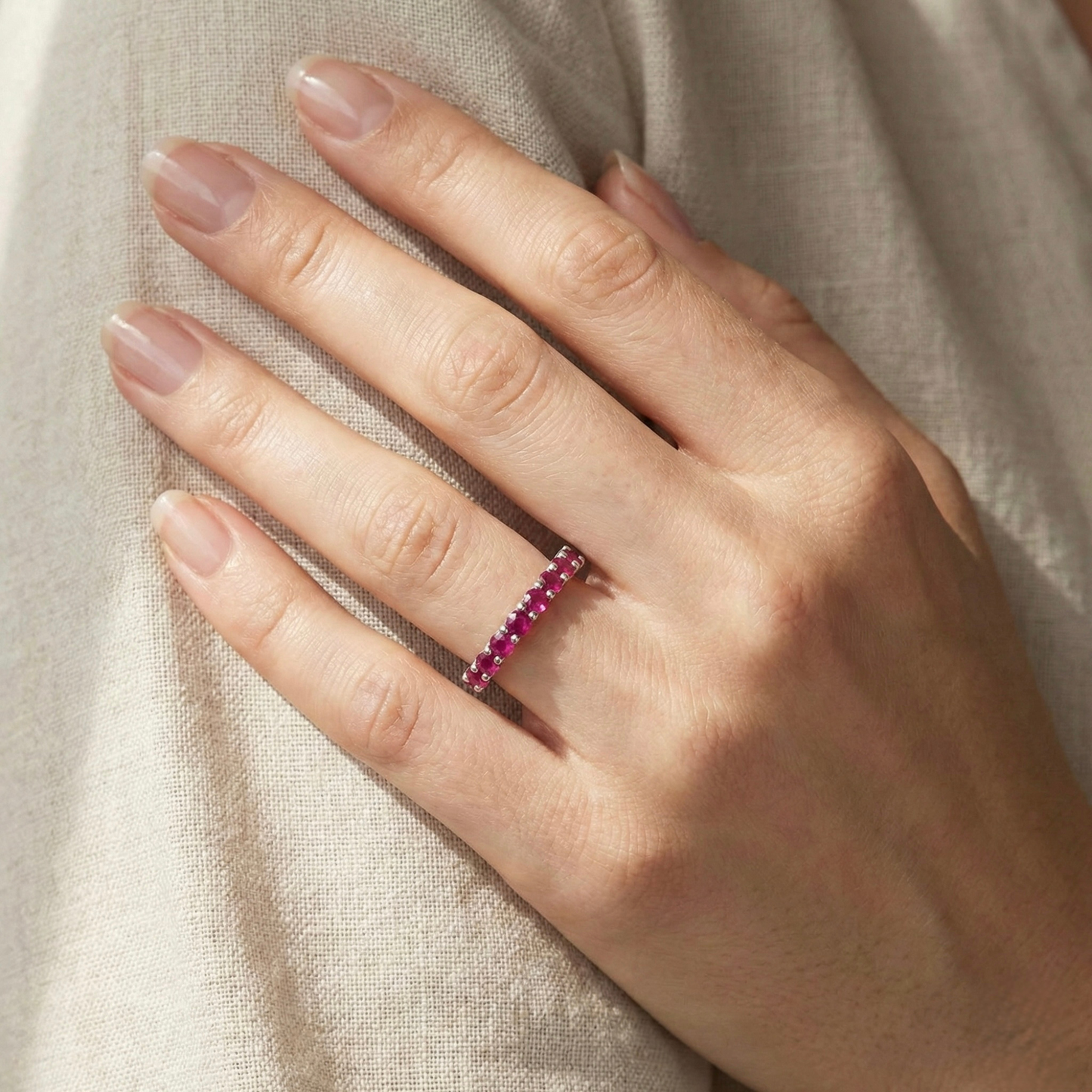 0.9 Ct Round Red Ruby Prong Silver Half Eternity Band Ring