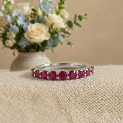 0.9 Ct Round Red Ruby Prong Silver Half Eternity Band Ring