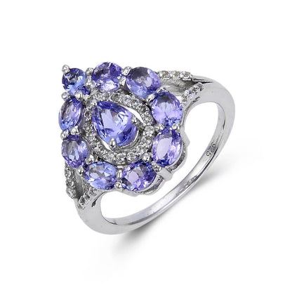 2.42 Ct Pear Blue Violet Tanzanite and White Topaz Prong Silver Teardrop Cocktail Ring