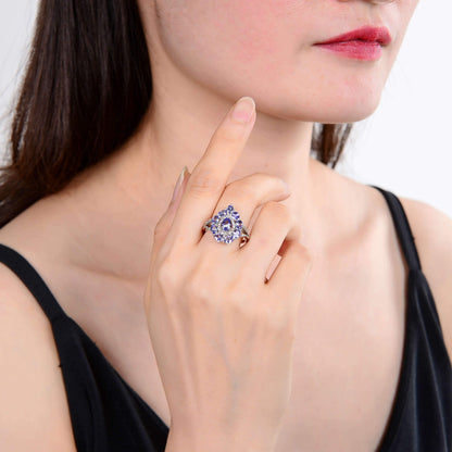 2.42 Ct Pear Blue Violet Tanzanite and White Topaz Prong Silver Teardrop Cocktail Ring