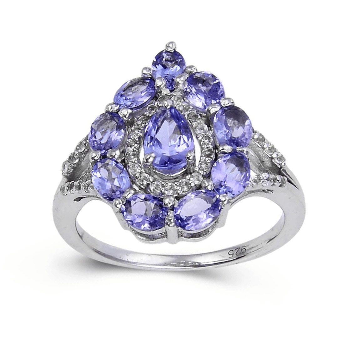 2.42 Ct Pear Blue Violet Tanzanite and White Topaz Prong Silver Teardrop Cocktail Ring