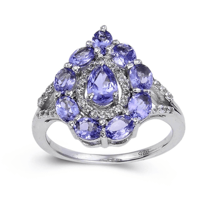 2.42 Ct Pear Blue Violet Tanzanite and White Topaz Prong Silver Teardrop Cocktail Ring