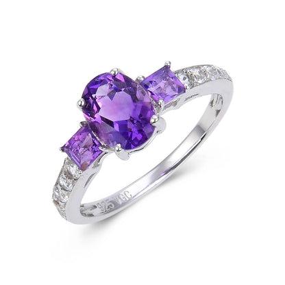 1.50 Ct Oval and Square Purple Amethyst and White Topaz Prong Silver Three Stone Ring