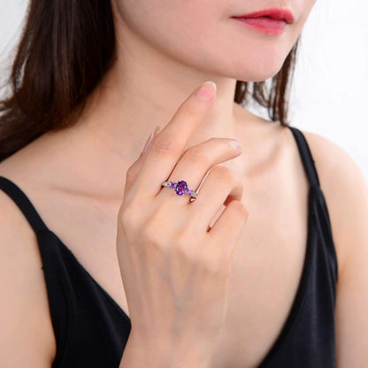 1.50 Ct Oval and Square Purple Amethyst and White Topaz Prong Silver Three Stone Ring