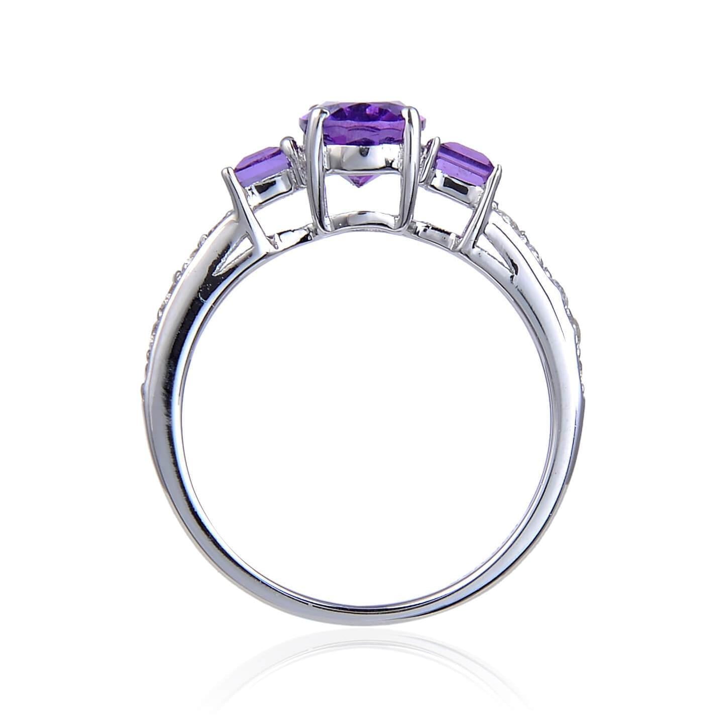 1.50 Ct Oval and Square Purple Amethyst and White Topaz Prong Silver Three Stone Ring