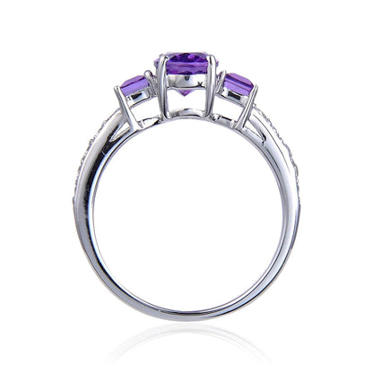 1.50 Ct Oval and Square Purple Amethyst and White Topaz Prong Silver Three Stone Ring