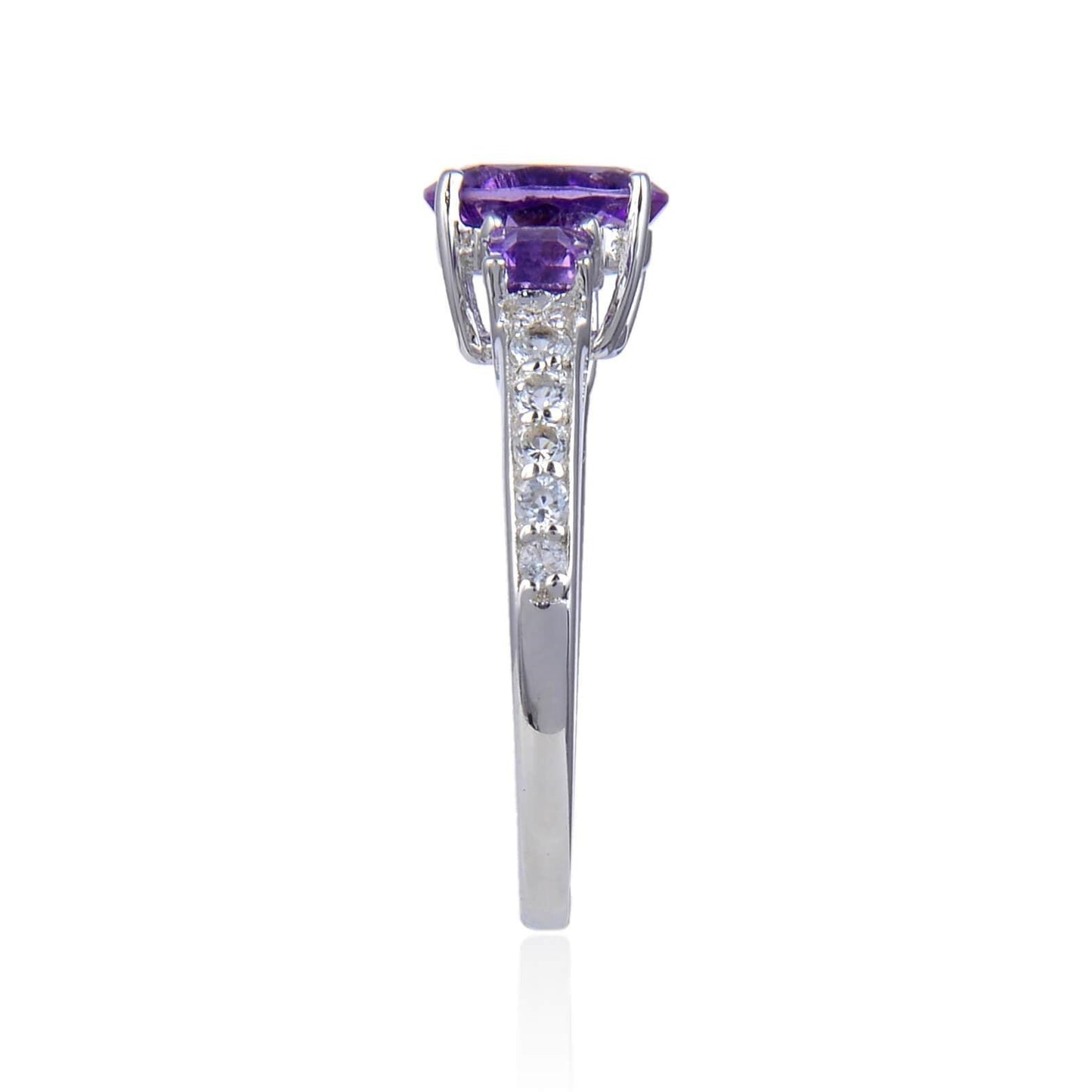1.50 Ct Oval and Square Purple Amethyst and White Topaz Prong Silver Three Stone Ring