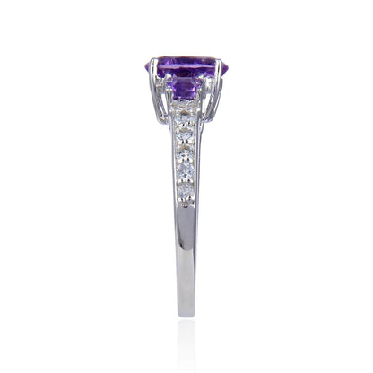 1.50 Ct Oval and Square Purple Amethyst and White Topaz Prong Silver Three Stone Ring