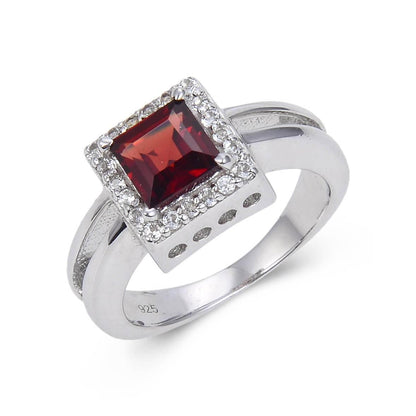 1.72 Ct Square Dark Red Garnet and White Topaz Prong Silver Chunky Fashion Ring
