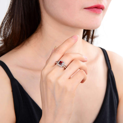 1.72 Ct Square Dark Red Garnet and White Topaz Prong Silver Chunky Fashion Ring