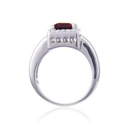 1.72 Ct Square Dark Red Garnet and White Topaz Prong Silver Chunky Fashion Ring