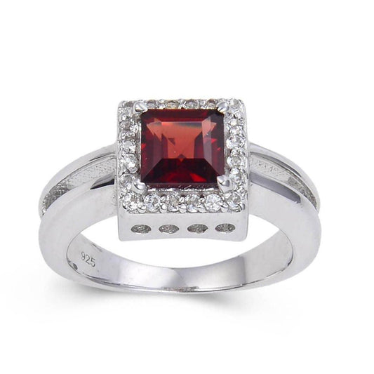 1.72 Ct Square Dark Red Garnet and White Topaz Prong Silver Chunky Fashion Ring