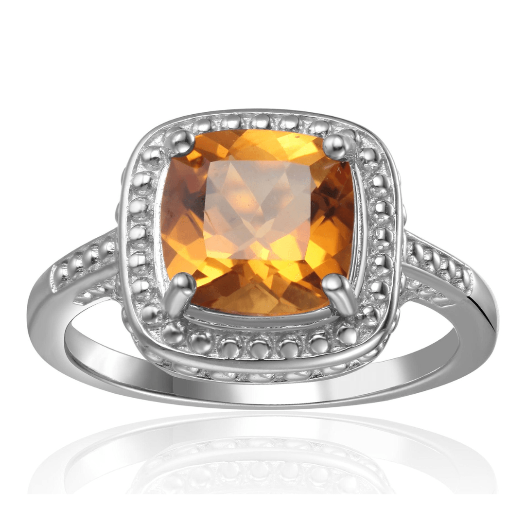 1.95 Ct Cushion Yellow Citrine Prong Silver Halo Statement Ring