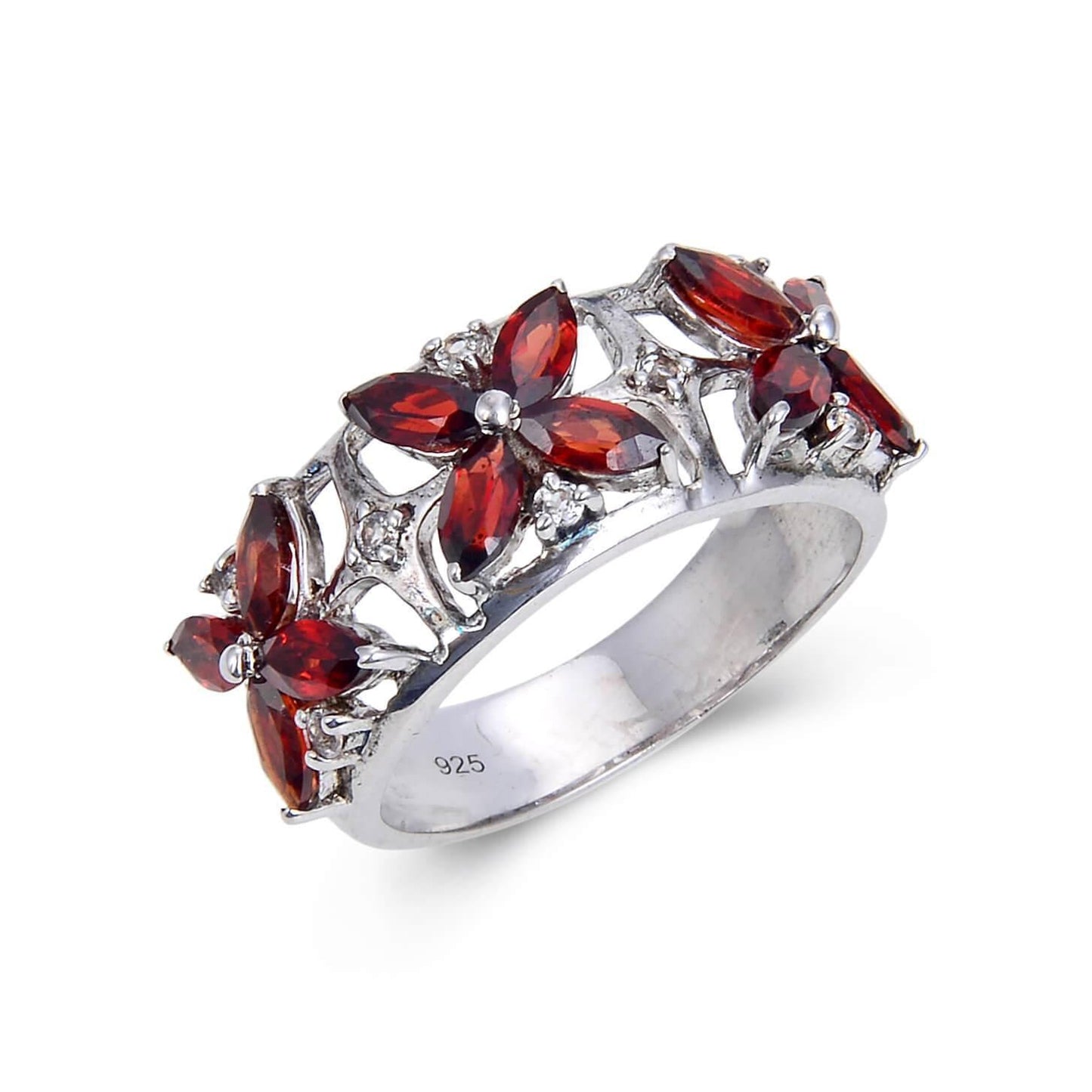 2.44 Ct Marquise Dark Red Garnet and White Topaz Prong Silver Flower Ring