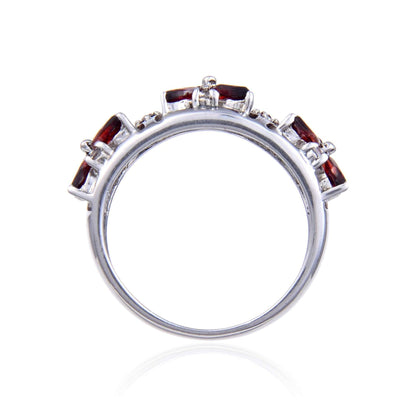 2.44 Ct Marquise Dark Red Garnet and White Topaz Prong Silver Flower Ring